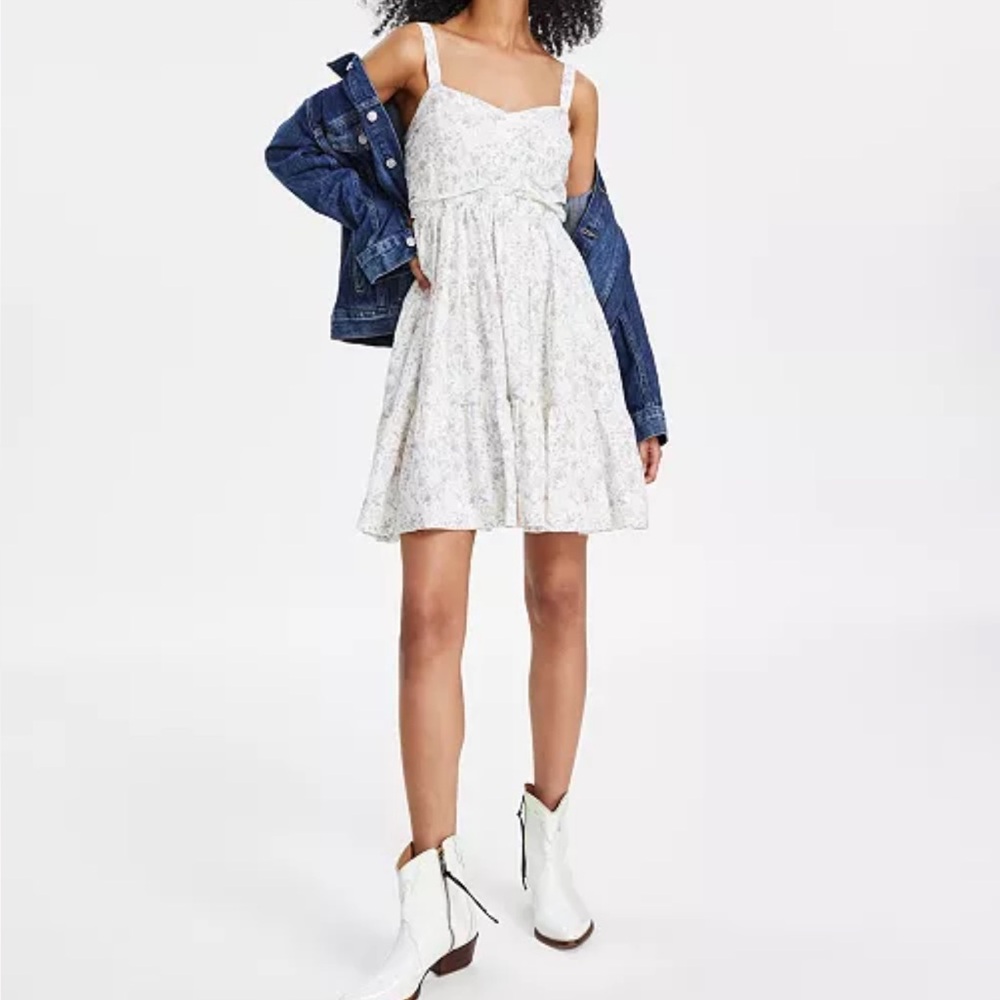 Lucky Brand Women's Cinched Bodice Mini Dress Floral Print Sweetheart Neck S
